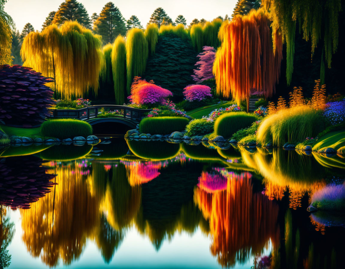 Tranquil pond with weeping willows and colorful flowers at dusk