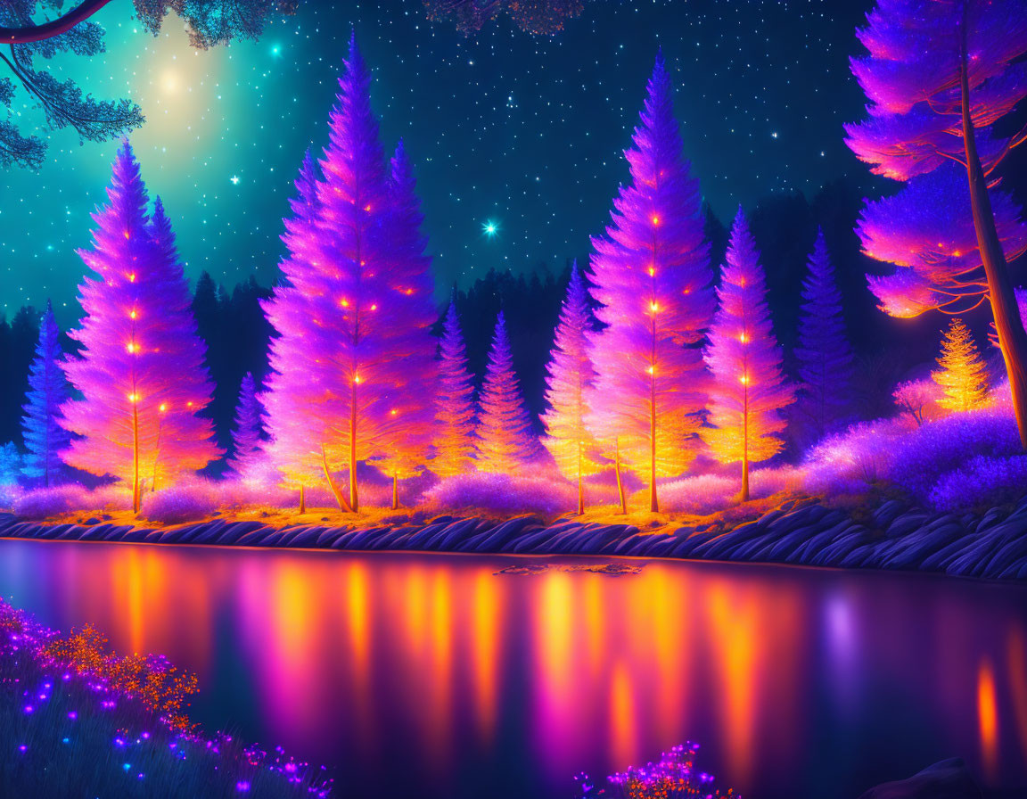 Neon-lit trees illuminate calm lake at night