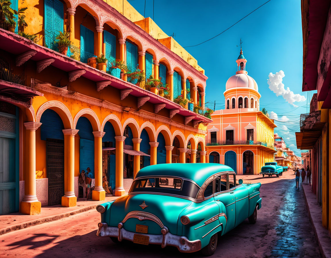 Vintage Turquoise Car in Colonial Town with Colorful Buildings