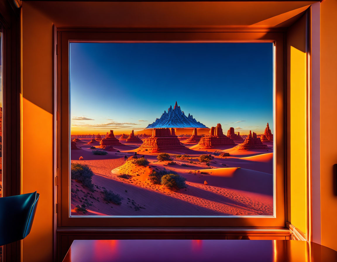 Sunset view of desert sand dunes and rocks under orange sky