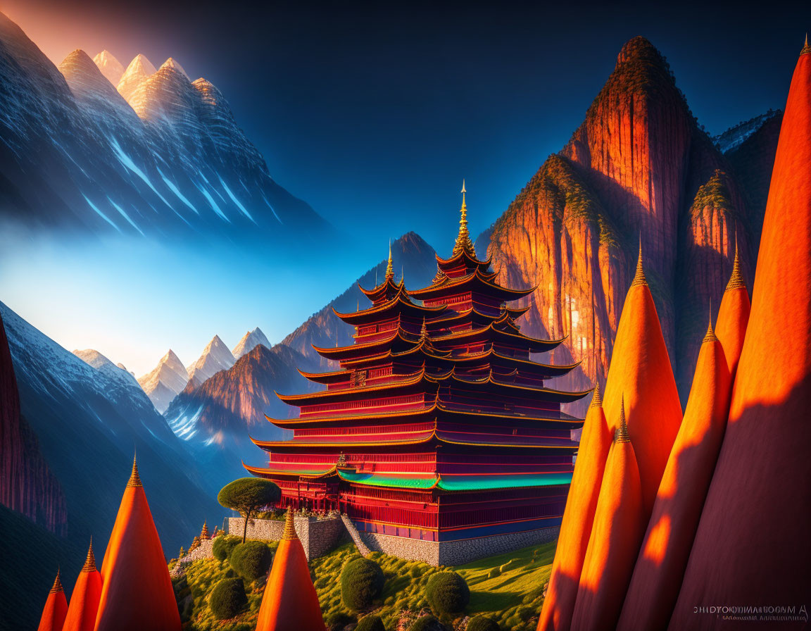 Digital artwork: Traditional pagoda in red cliffs under dynamic skies