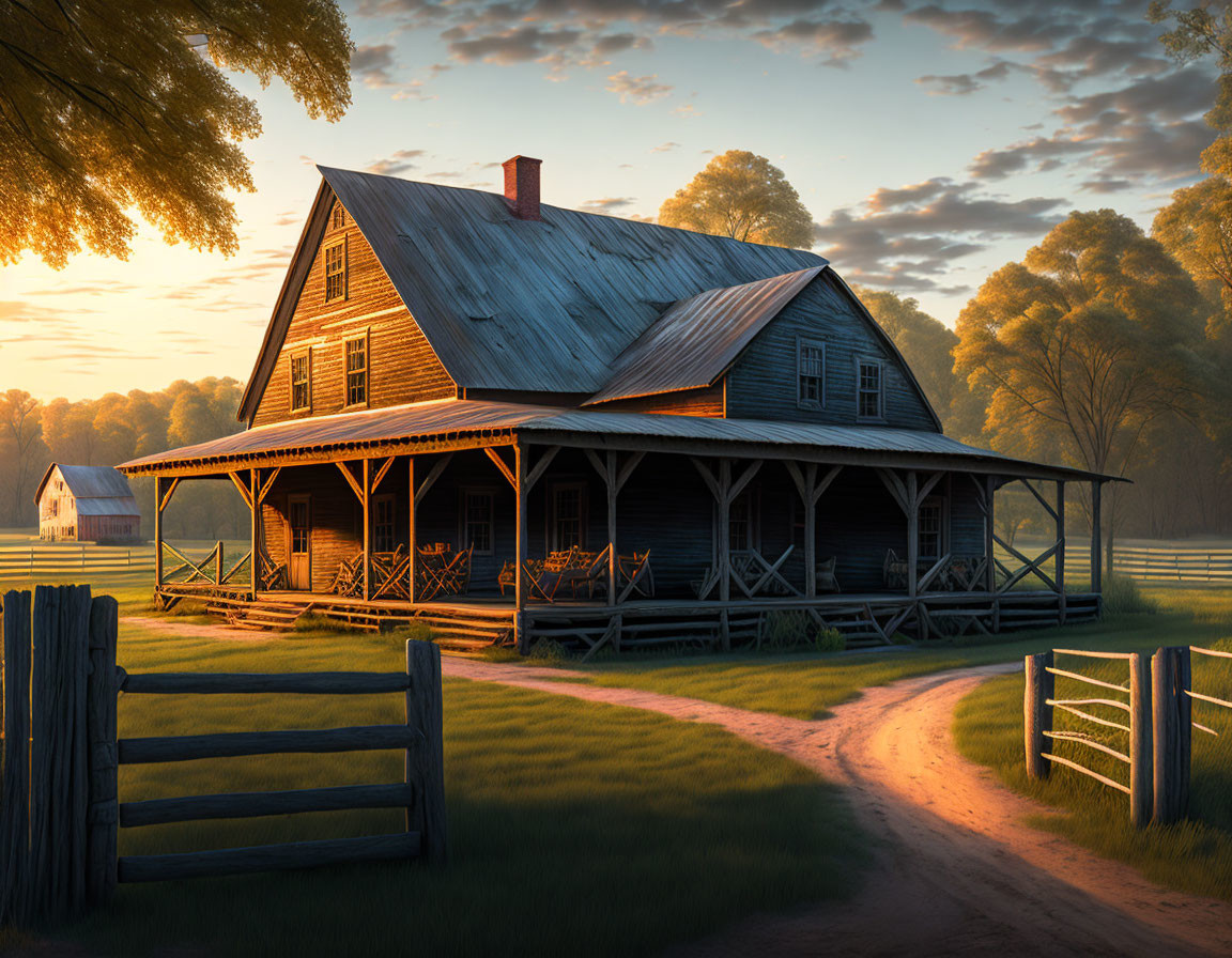 Two-story wooden house with wrap-around porch and tin roof at sunrise