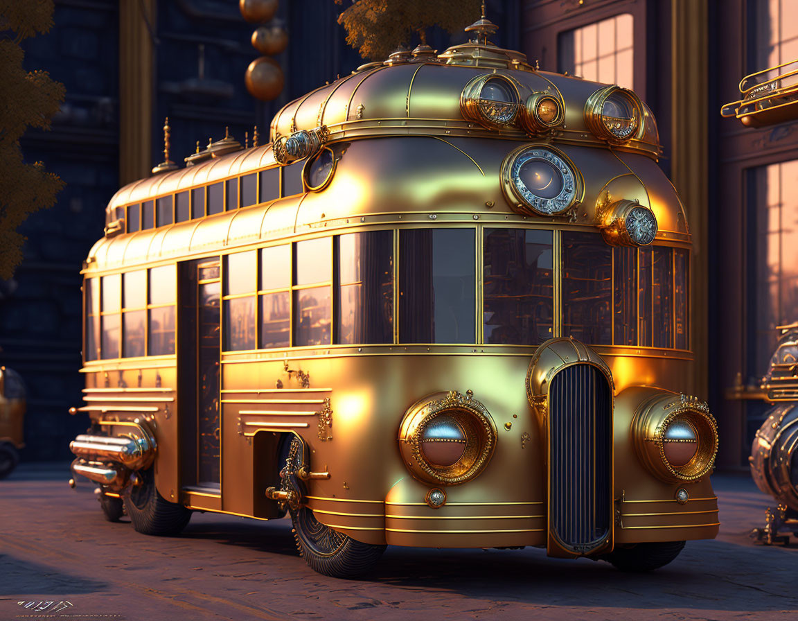 Golden Steampunk-Inspired Vintage Bus in Old-Time City