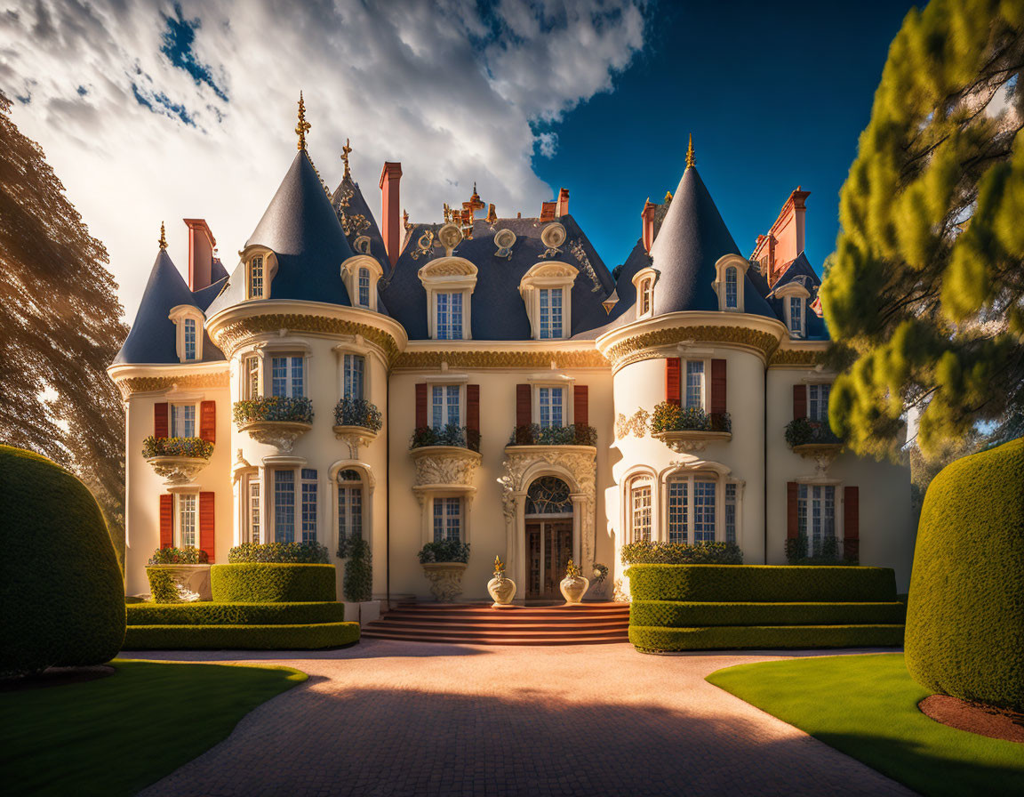 Luxurious chateau-style mansion with topiary garden and grand staircase under dramatic sky