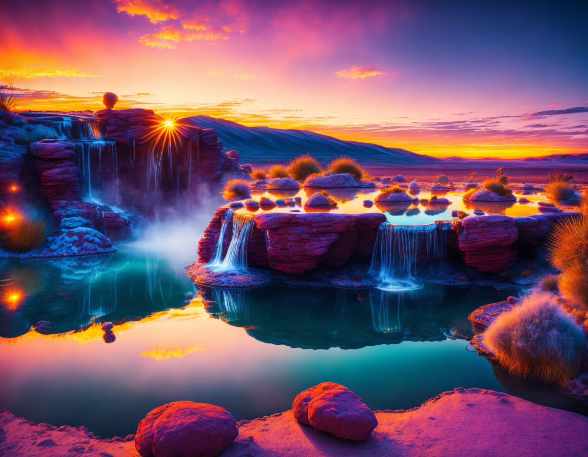 Colorful sunset over desert oasis with waterfalls and lush greenery