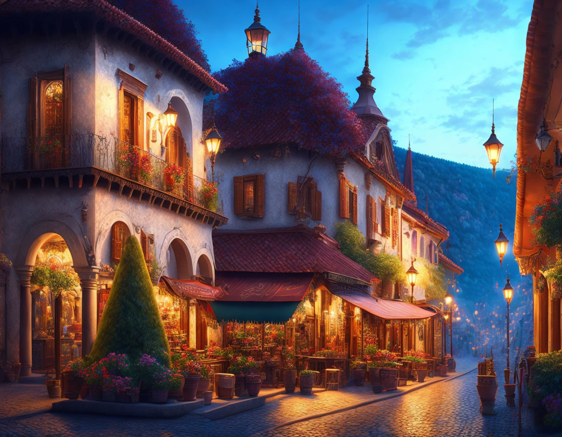 European-style street at twilight with cobblestones, vintage lanterns, and cozy dining areas.