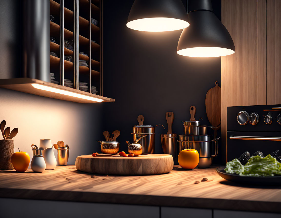 Nighttime cozy kitchen with stainless steel pots, wooden utensils, cutting board with oranges, and pendant