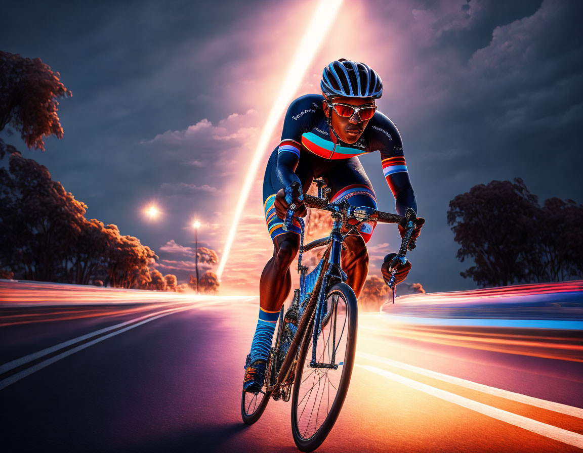 Dynamic motion blur: Cyclist on road at dusk