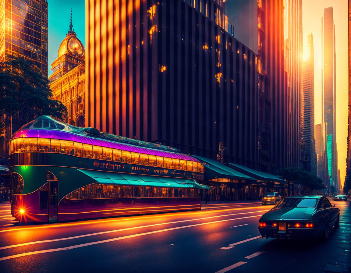 Futuristic cityscape at sunset with neon-lit buildings and vintage car