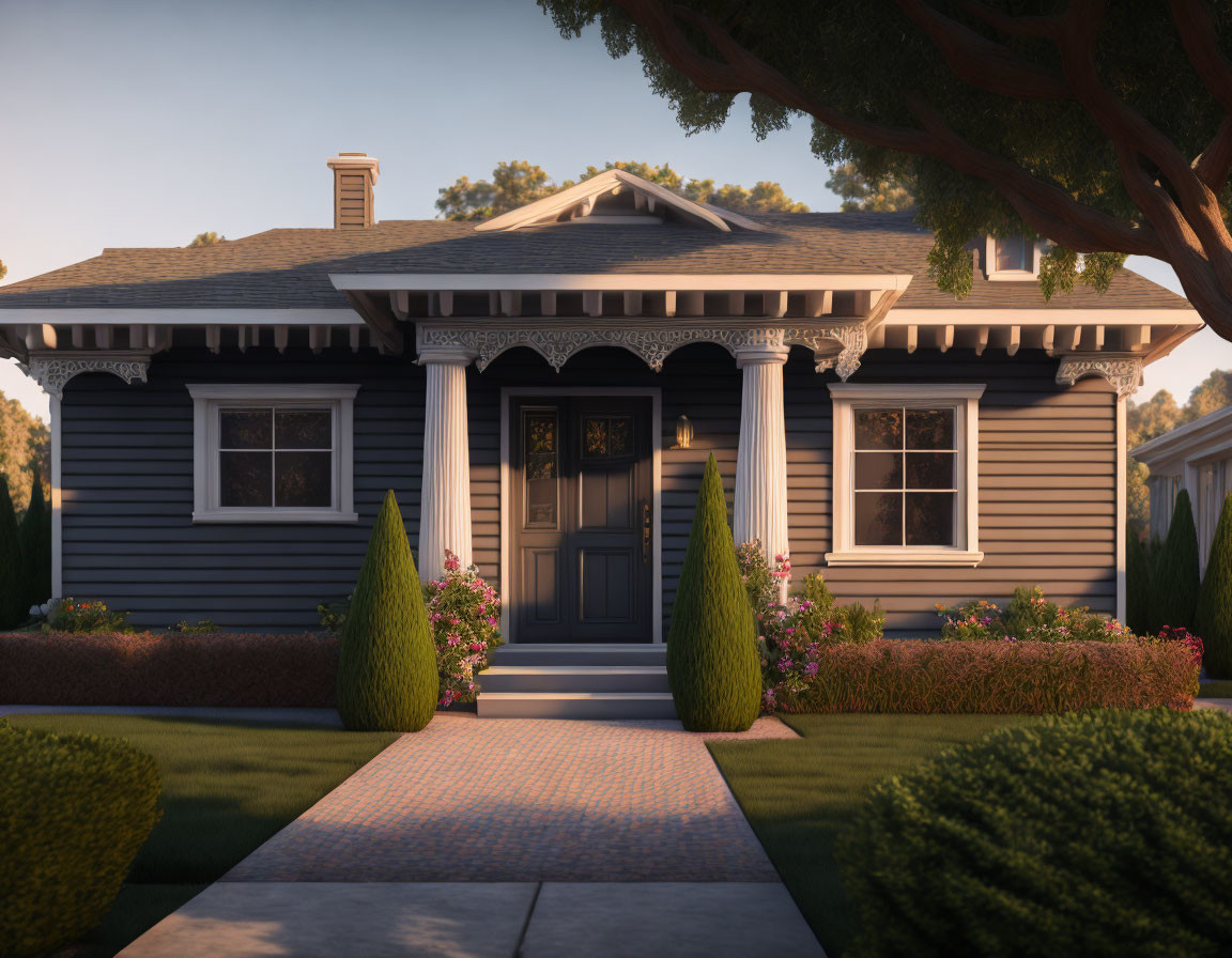 Grey Siding Suburban House with Covered Porch and Flower Beds at Dusk