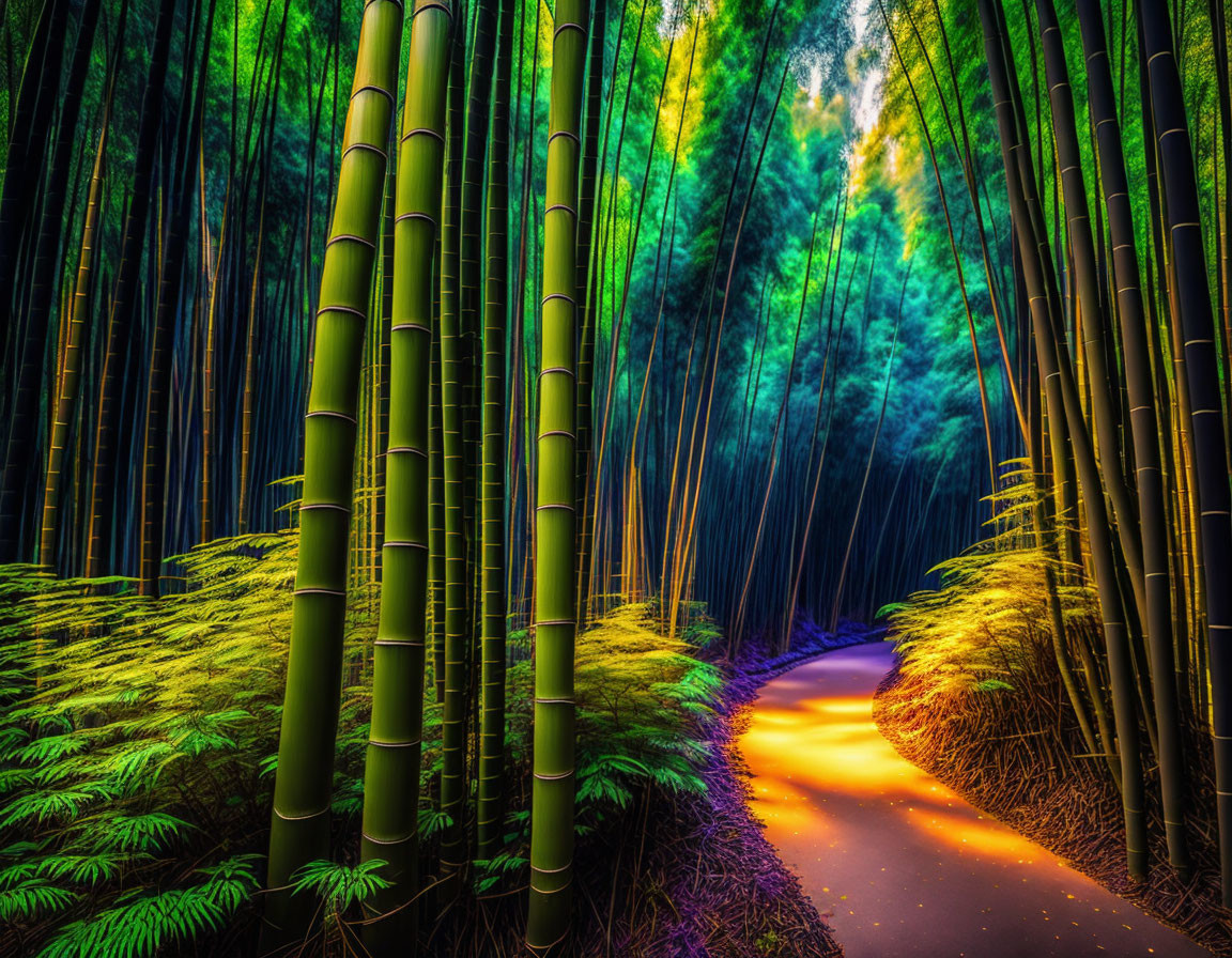 Sunlit bamboo forest trail with towering stalks