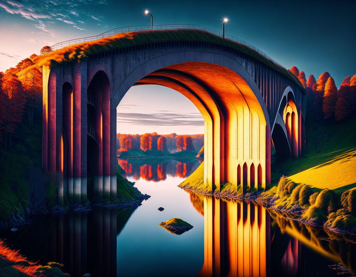 Spacious arched bridge mirrored in tranquil water at sunset