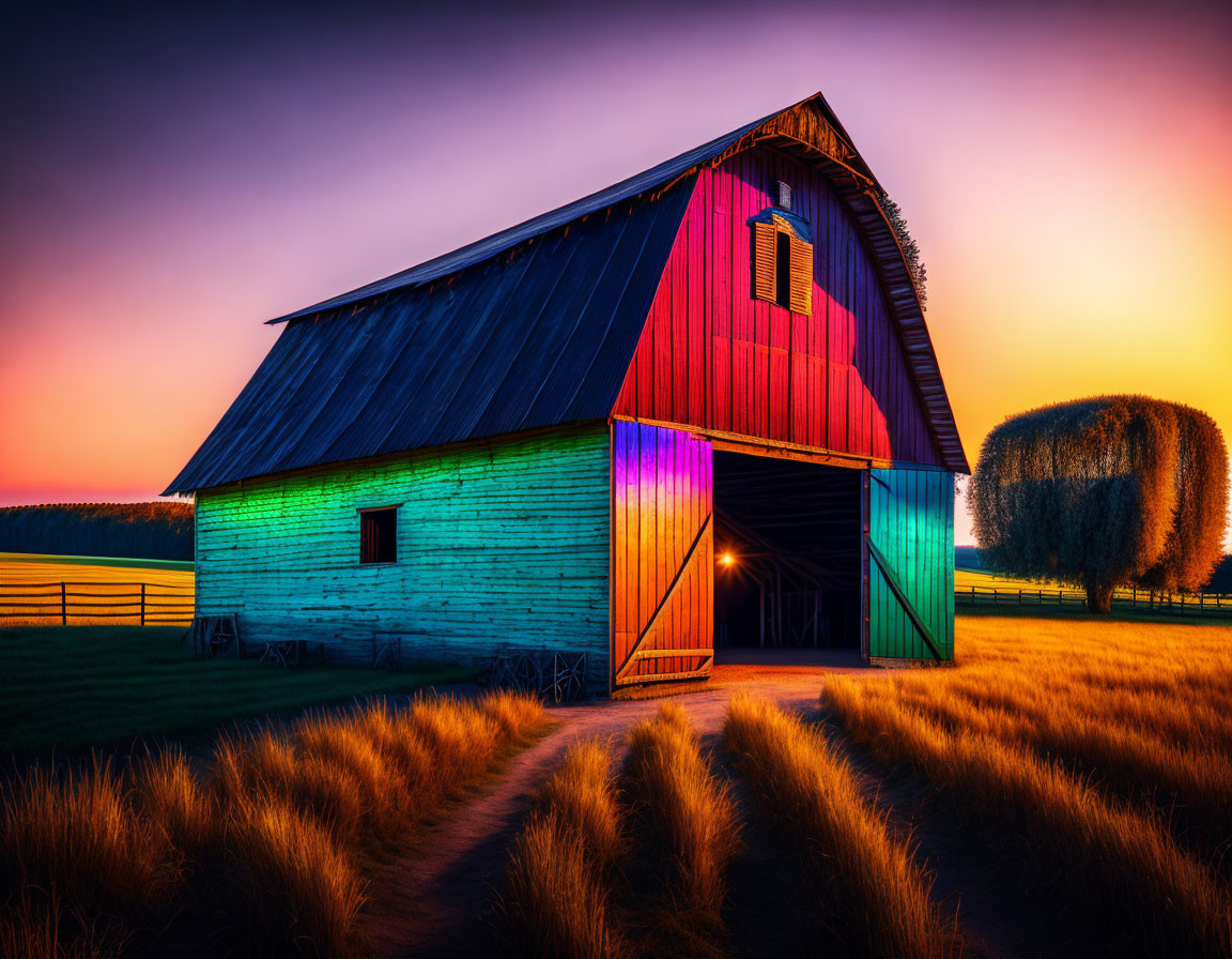 Vibrant sunset scene of colorful barn in field