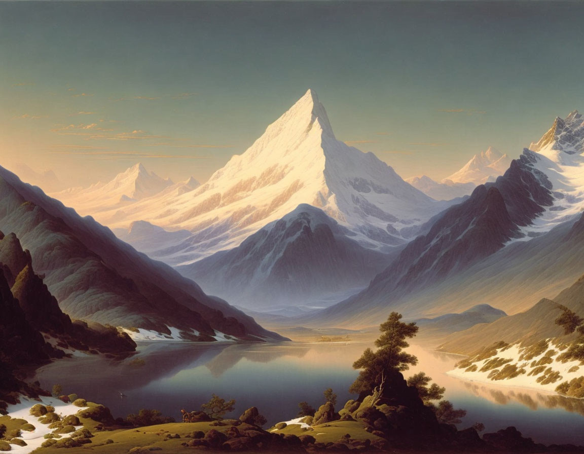 Majestic snow-capped mountain peak in serene landscape