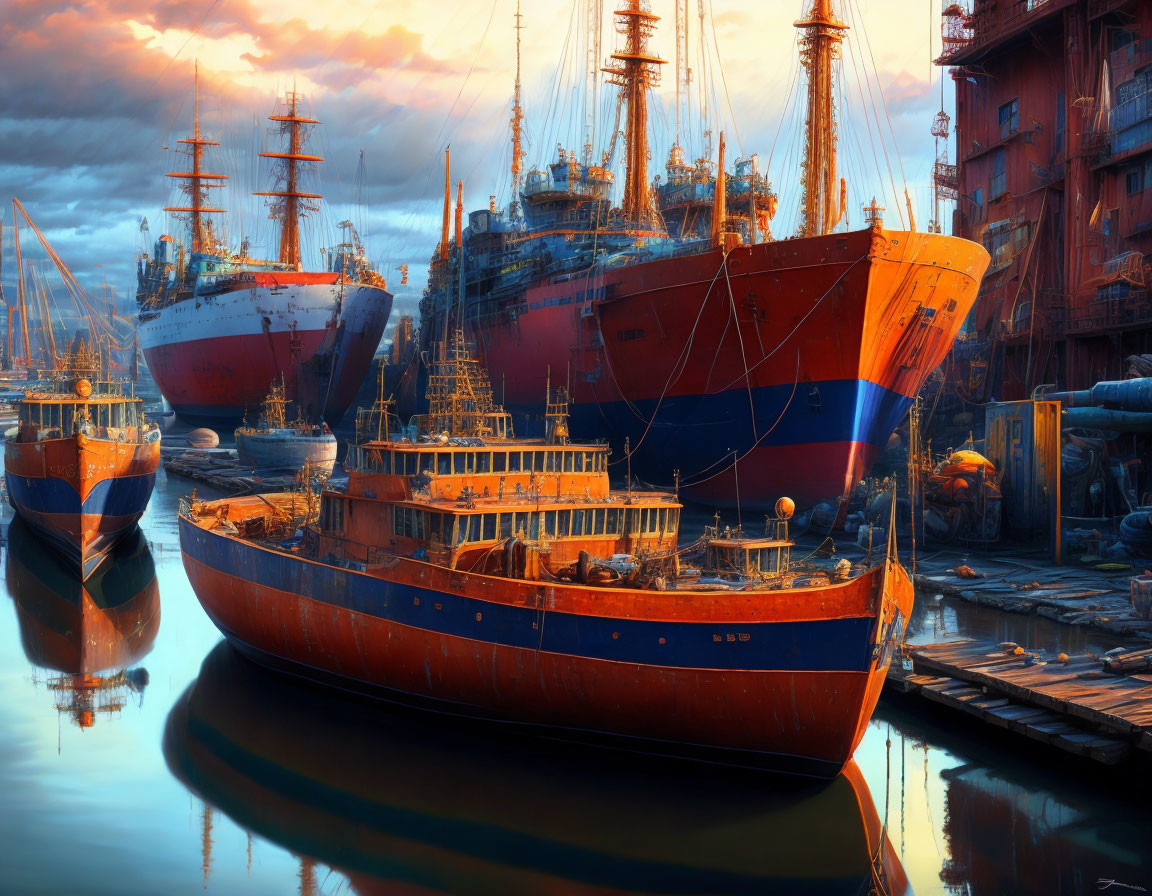 Picturesque harbor scene with old ships and rustic buildings at sunset