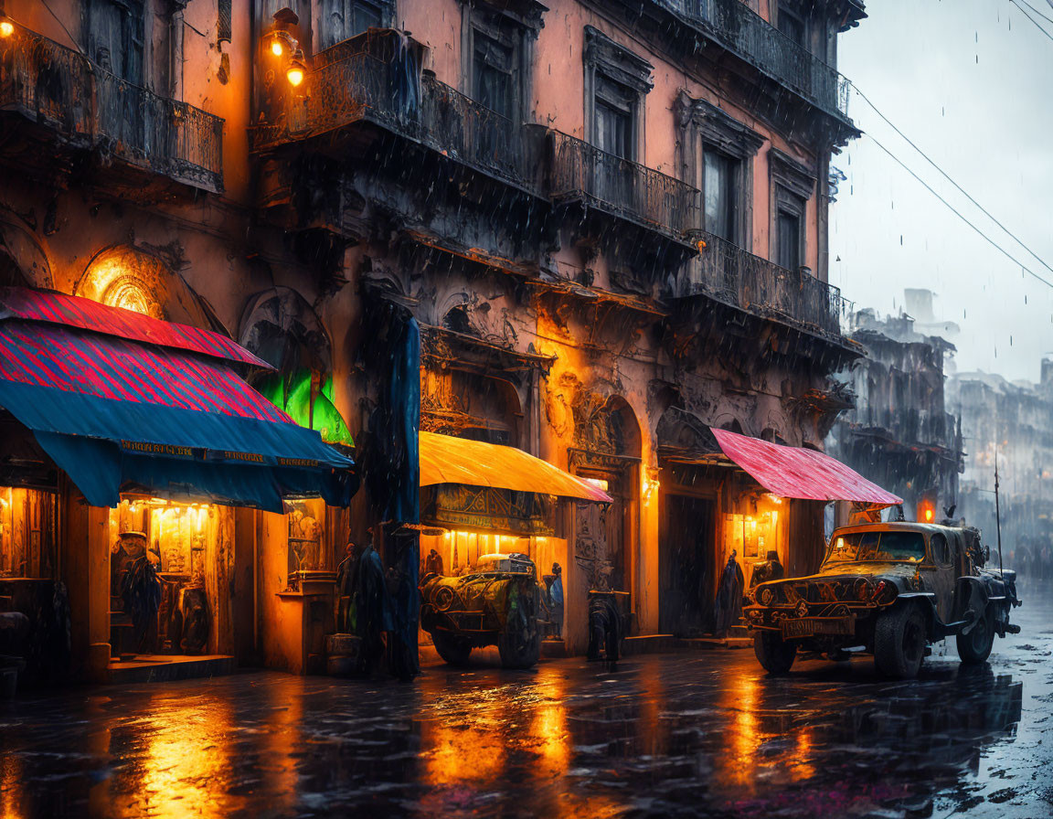 Rainy street scene with vintage cars, old buildings, and colorful awnings.