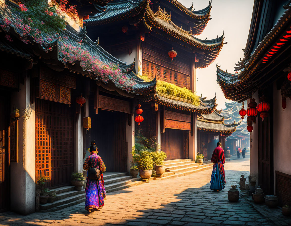 Traditional Chinese architecture with ornate roofs and red lanterns in serene courtyard.