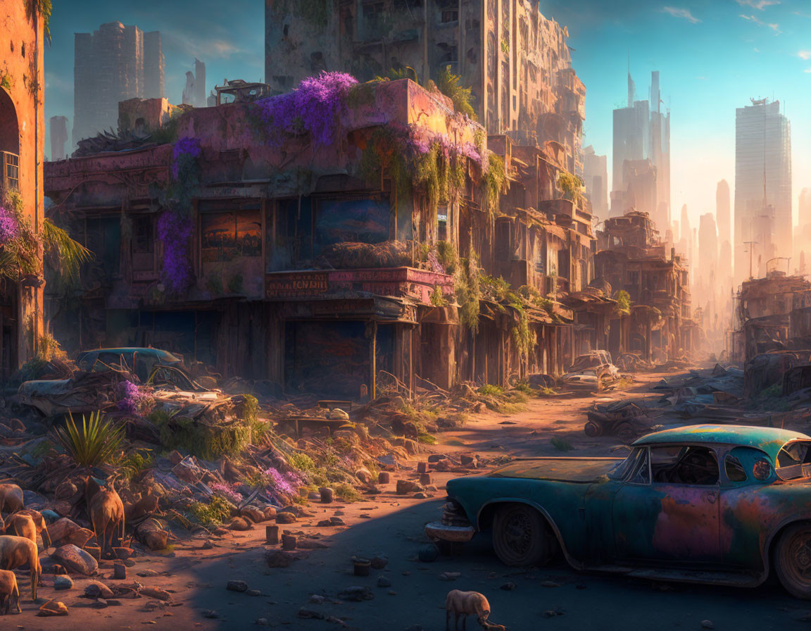 Overgrown post-apocalyptic cityscape with animals, rusted car, and hazy sky