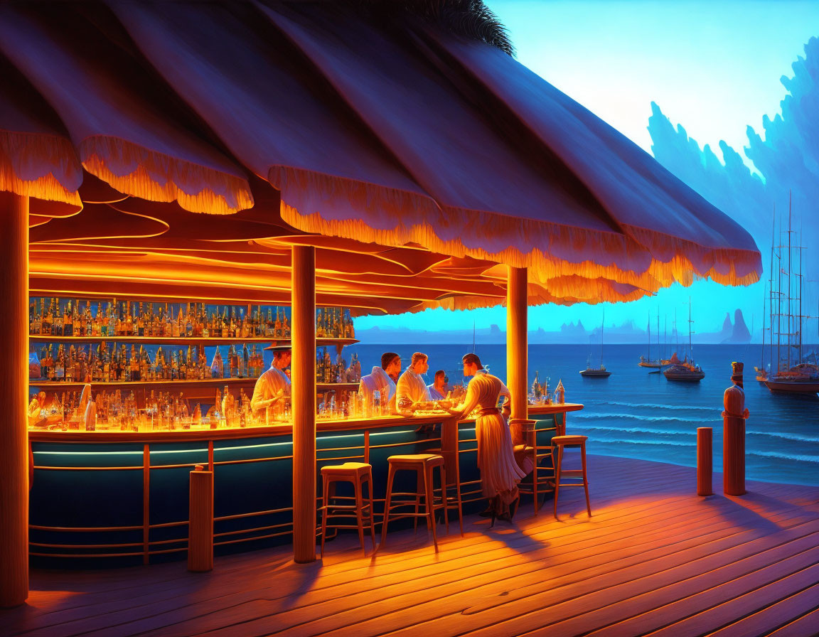 Tropical bar at dusk overlooking bay with yachts and mountains