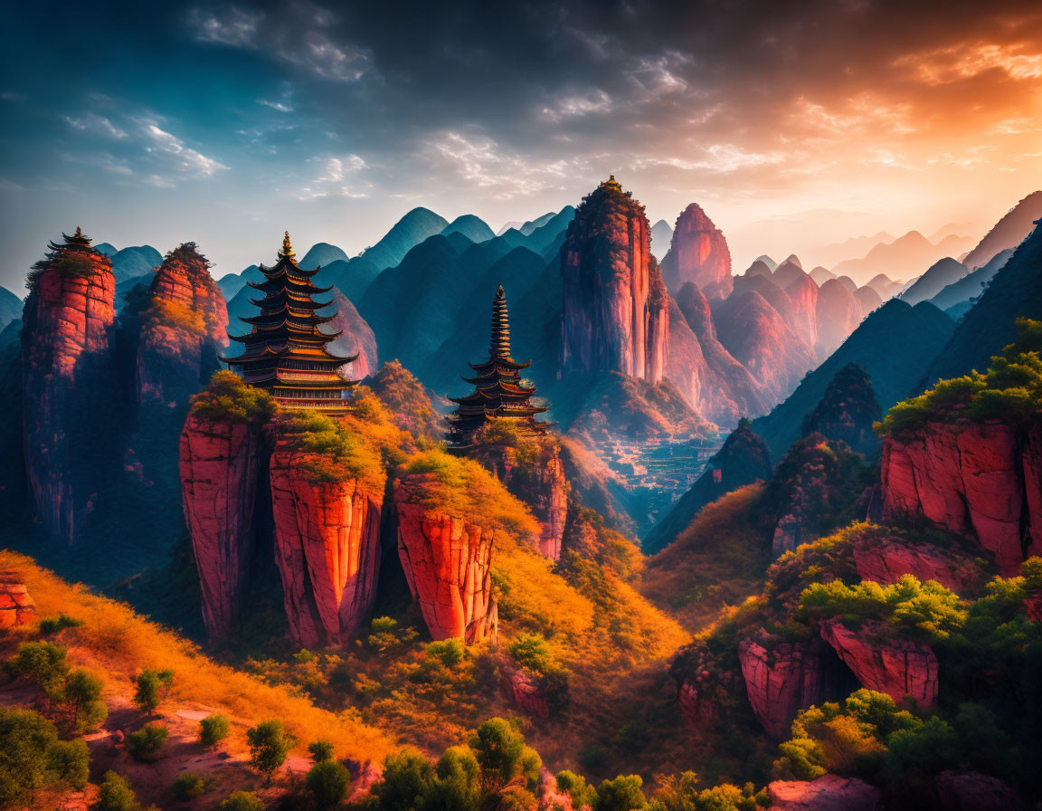 Vibrant sunset landscape with orange foliage, red cliffs, and ancient pagodas