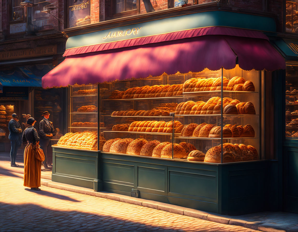 Cozy bakery with bread display and outdoor seating on cobblestone street