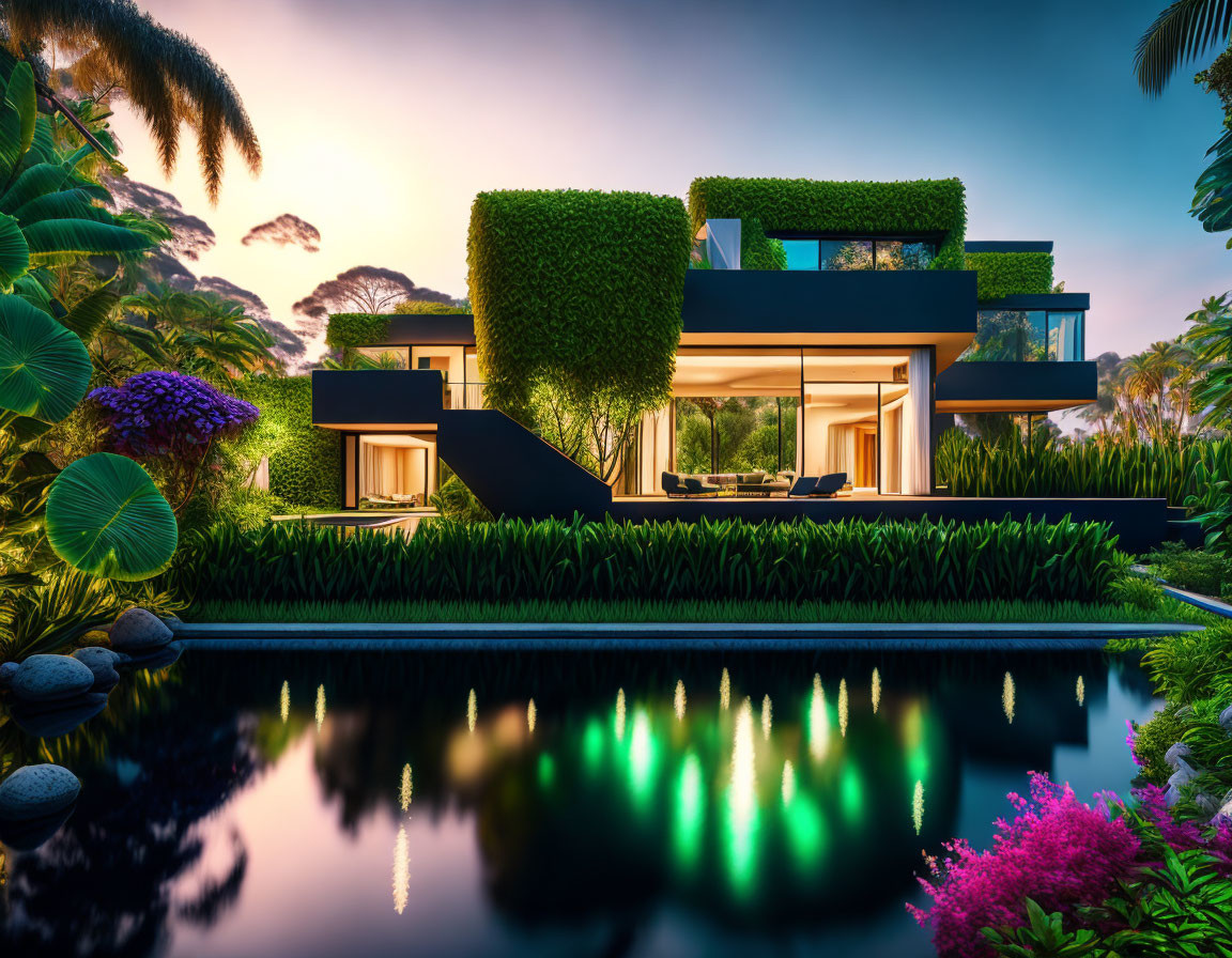 Luxury Villa with Green Hedges, Large Windows, and Pond Reflection