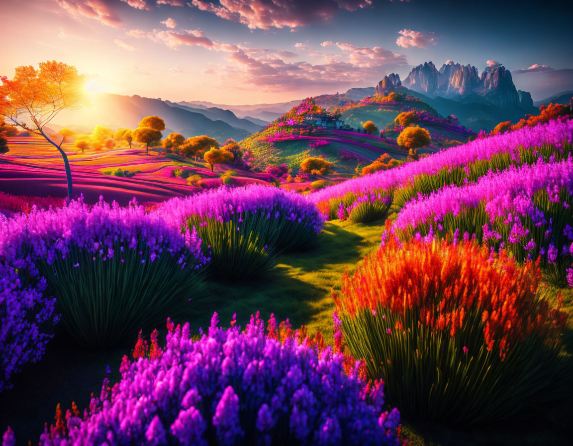 Colorful Sunset Over Blooming Landscape and Mountain Peaks