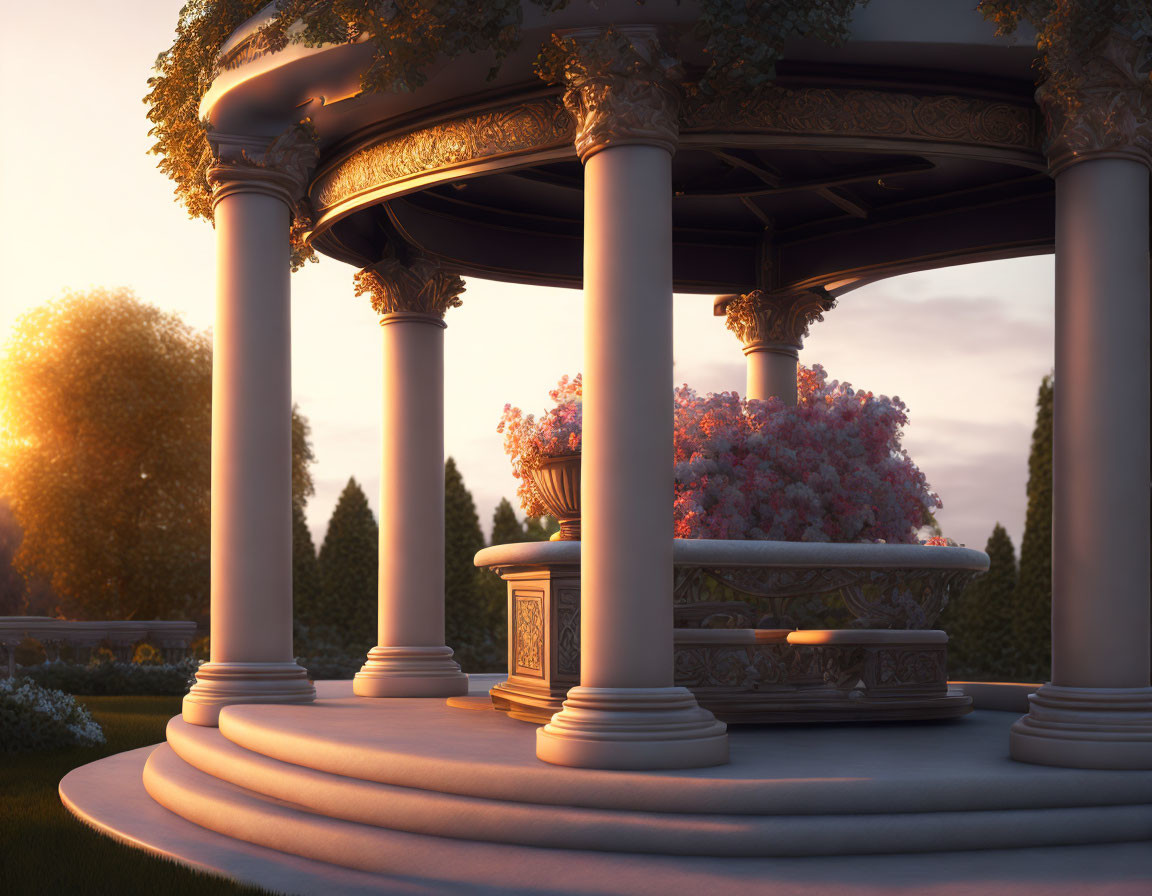 Sunset-lit ornate gazebo with lush greenery and pink flowers