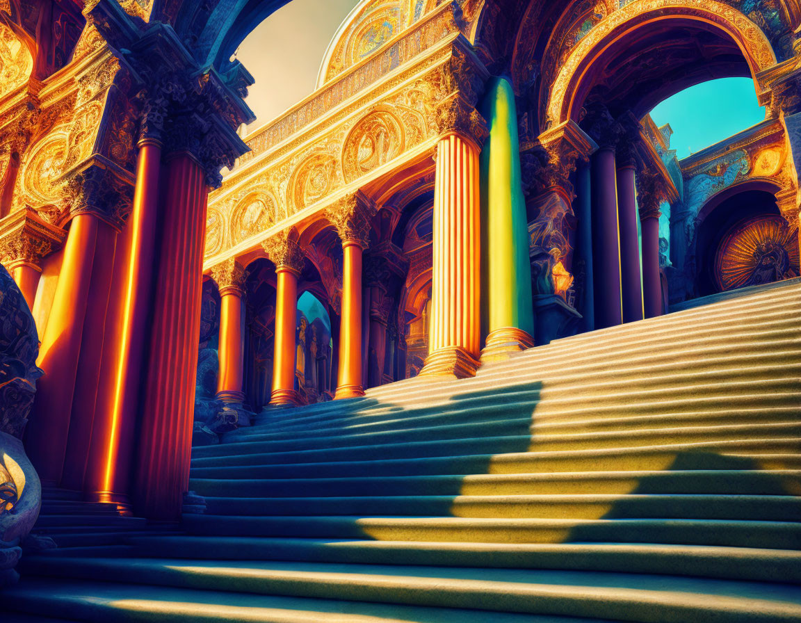 Colorful illustration of ancient palace with golden details & grand staircase.