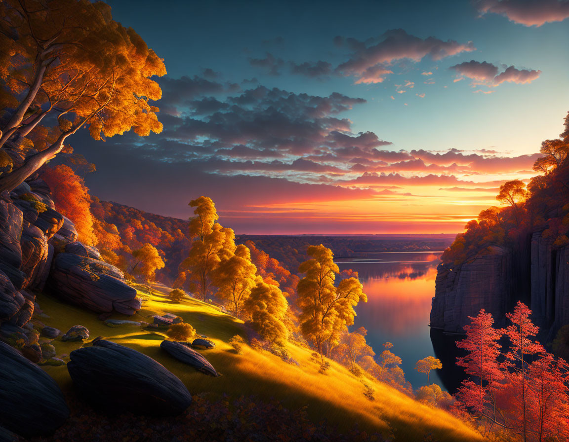 Scenic sunset over tranquil river with autumn foliage and rocky cliffs