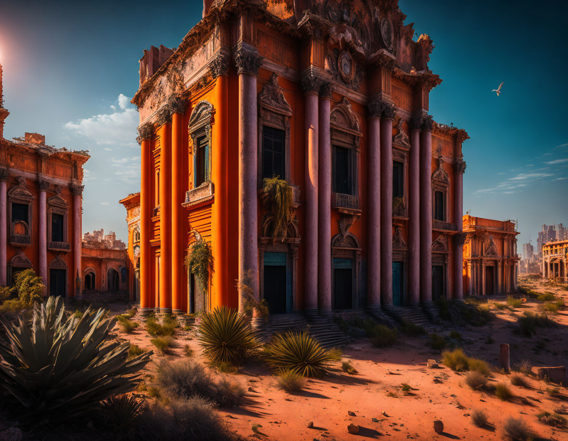 Classical building ruins with towering columns in desert landscape.