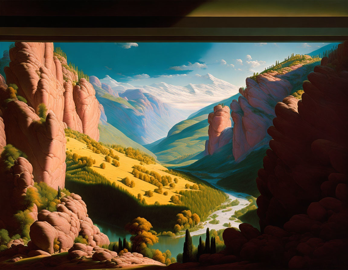 Serene river valley painting with red-rock cliffs