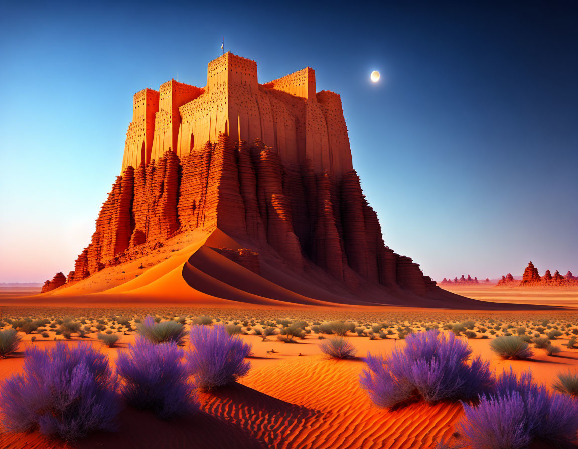 Sandstone fortress in desert twilight with crescent moon and purple flora