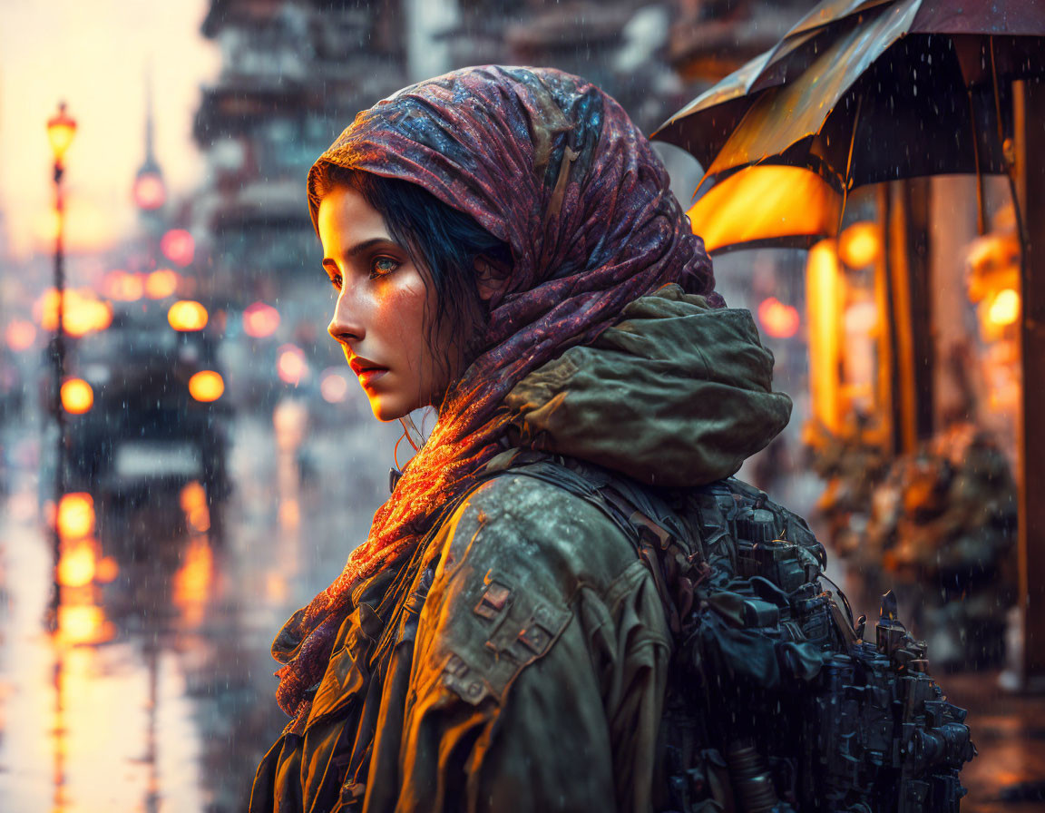 Woman in headscarf on rain-soaked street with glowing lights.