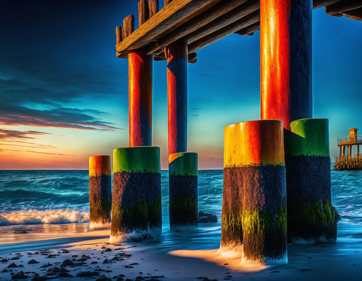 Sunset scene under pier: vibrant pillars, calm waves, sandy beach