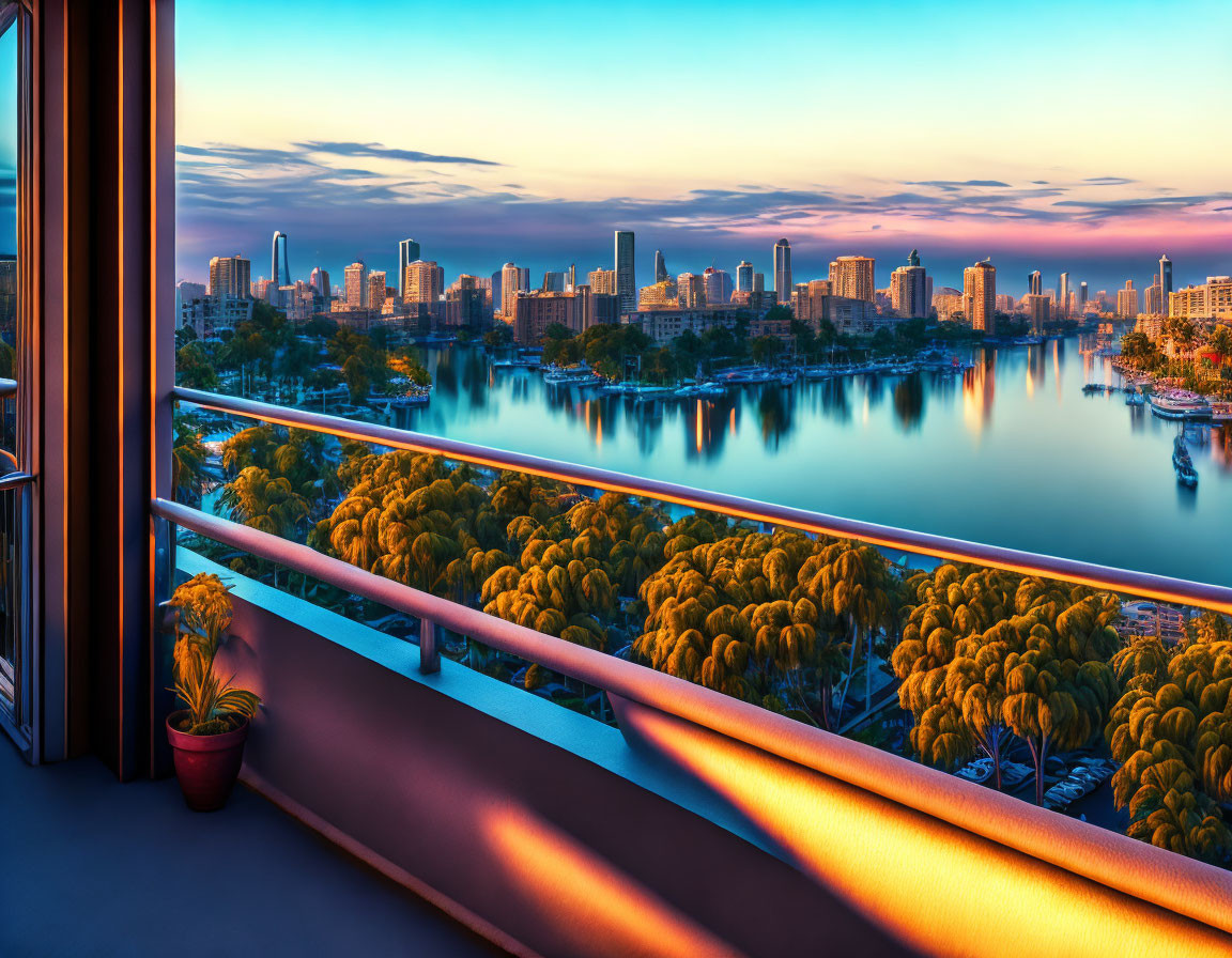 City skyline sunrise reflected on calm lake from balcony.