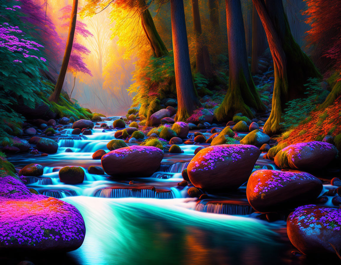 Lush forest with blue stream, glowing light, and mist