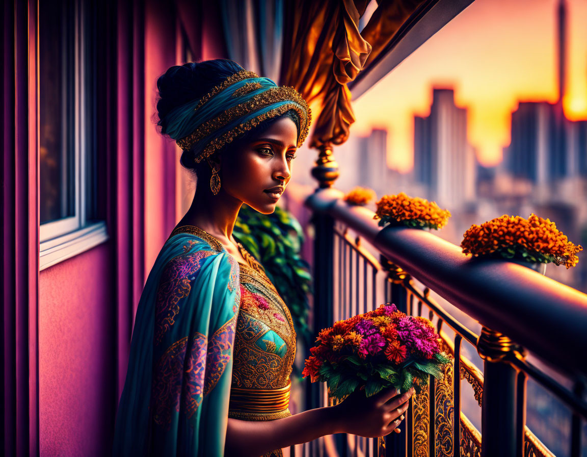 Traditional Attire Woman on Balcony with Flowers and Cityscape at Sunset