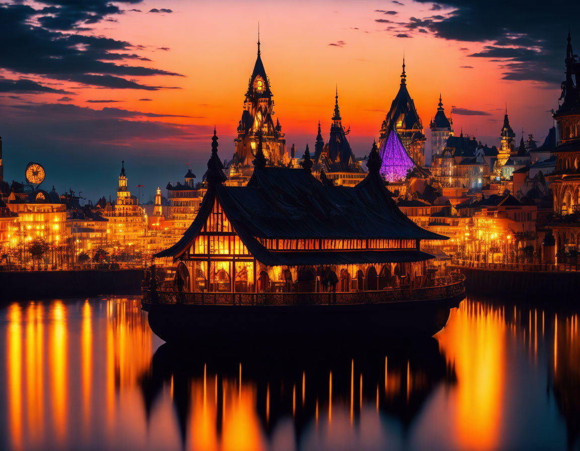 Illuminated Gazebo on Lake at Sunset with Silhouetted Buildings