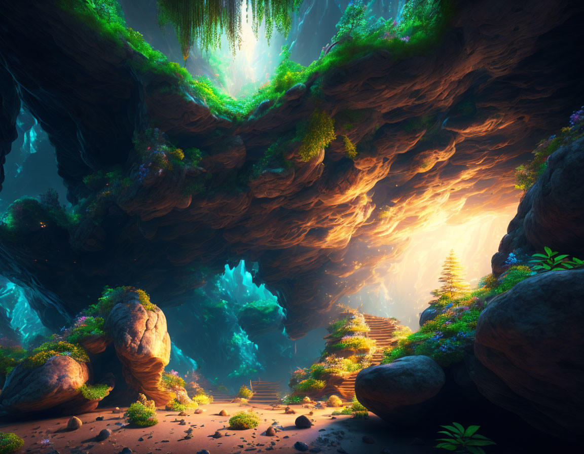 Mystical subterranean cavern with vibrant flora and glowing crystal formation