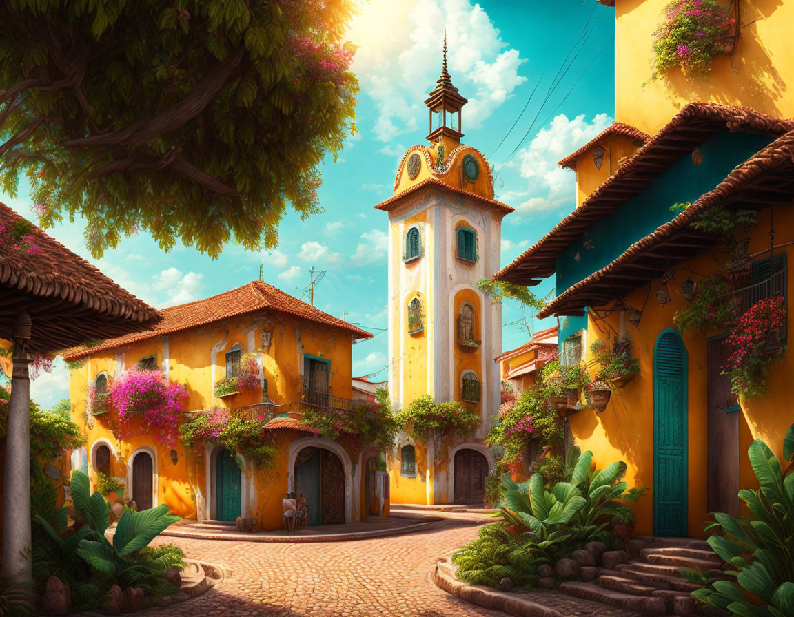 Colorful Street Scene with Quaint Buildings and Flowering Plants