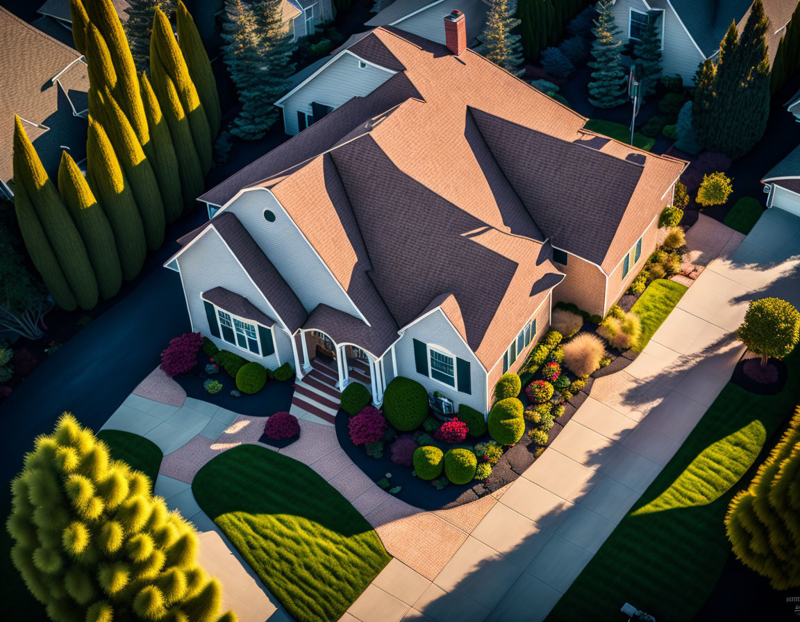 Two-story suburban home with landscaped garden and driveway at golden hour