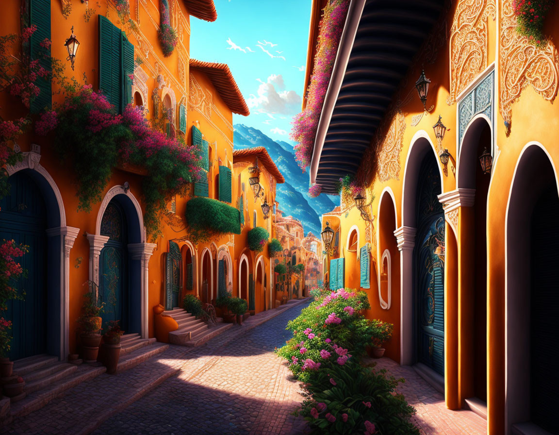 Scenic narrow alley with orange buildings and blooming flowers