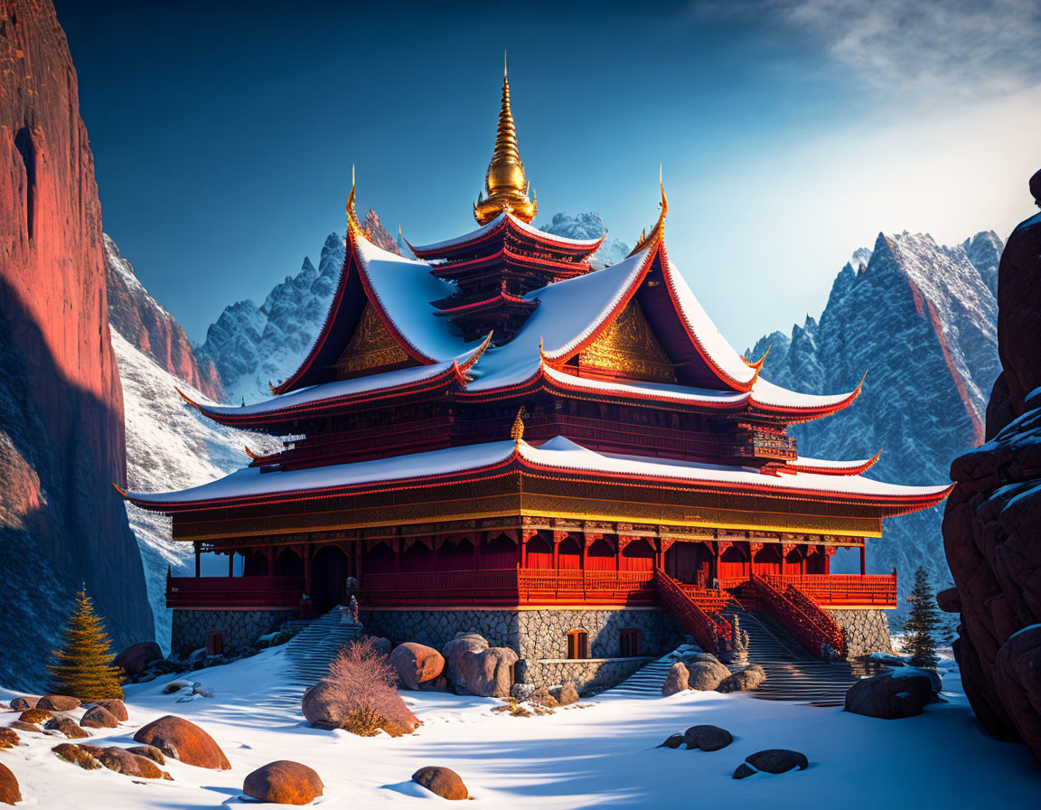 Asian Temple with Curved Roofs in Snowy Landscape