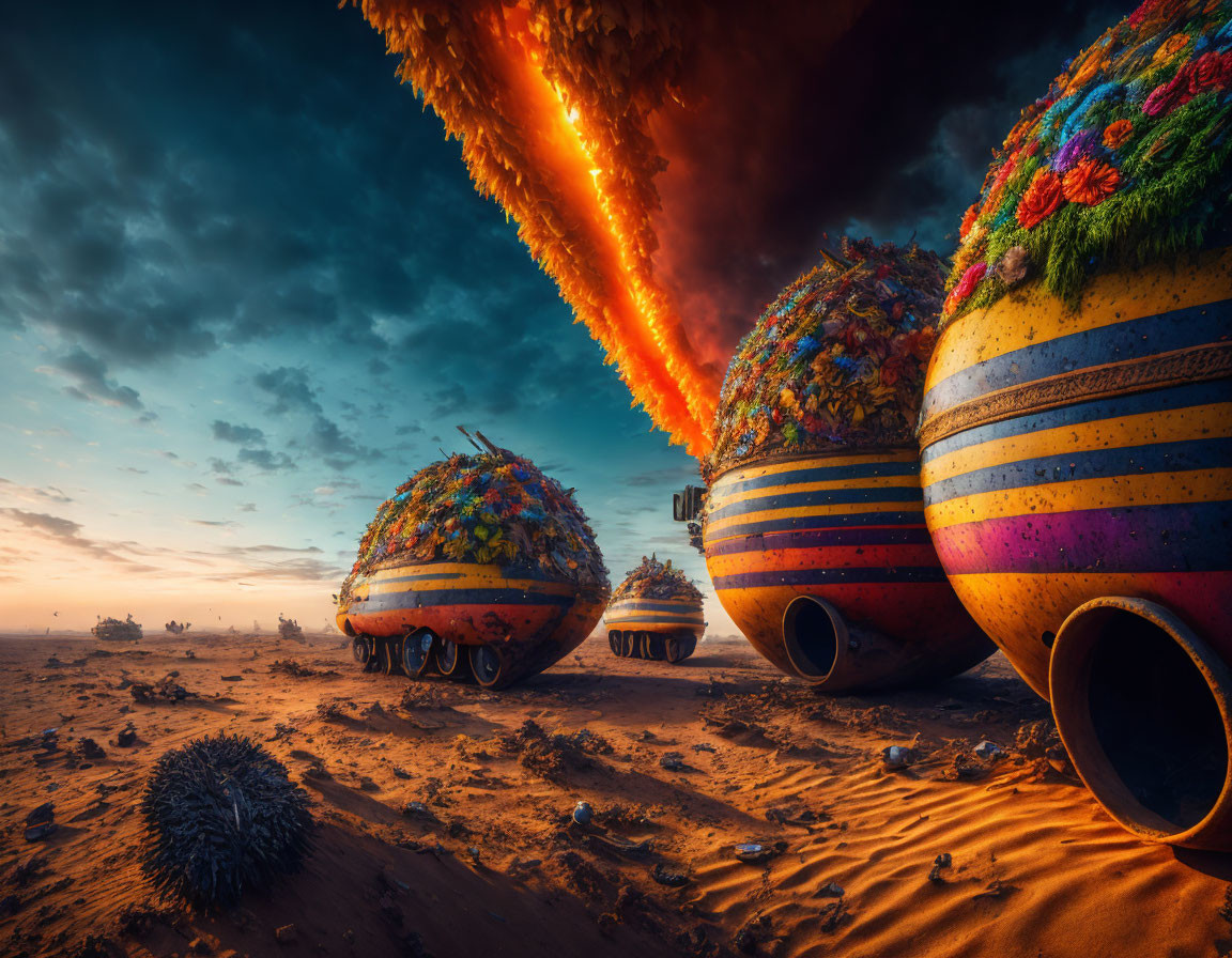 Vibrant surreal artwork: Flower-covered spheres in fiery desert scene