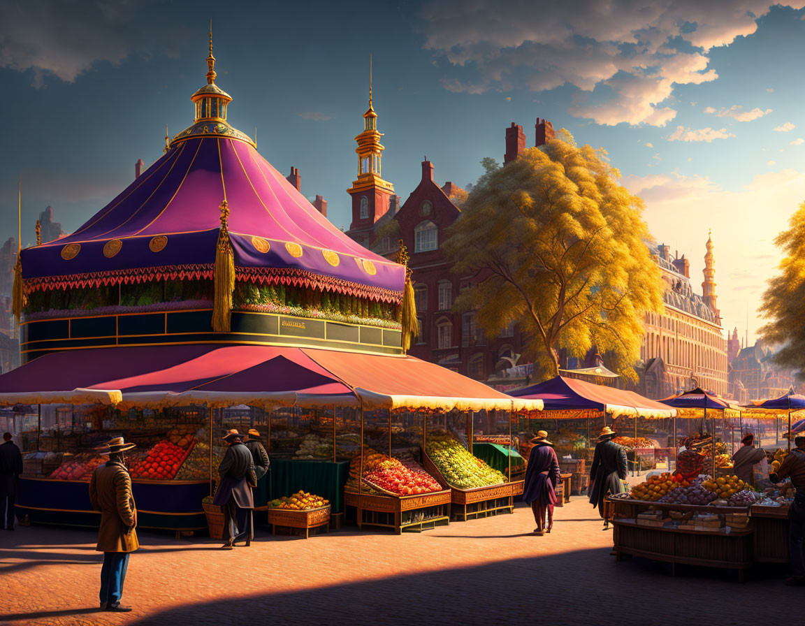 Vibrant outdoor market scene with colorful produce stands and purple tent