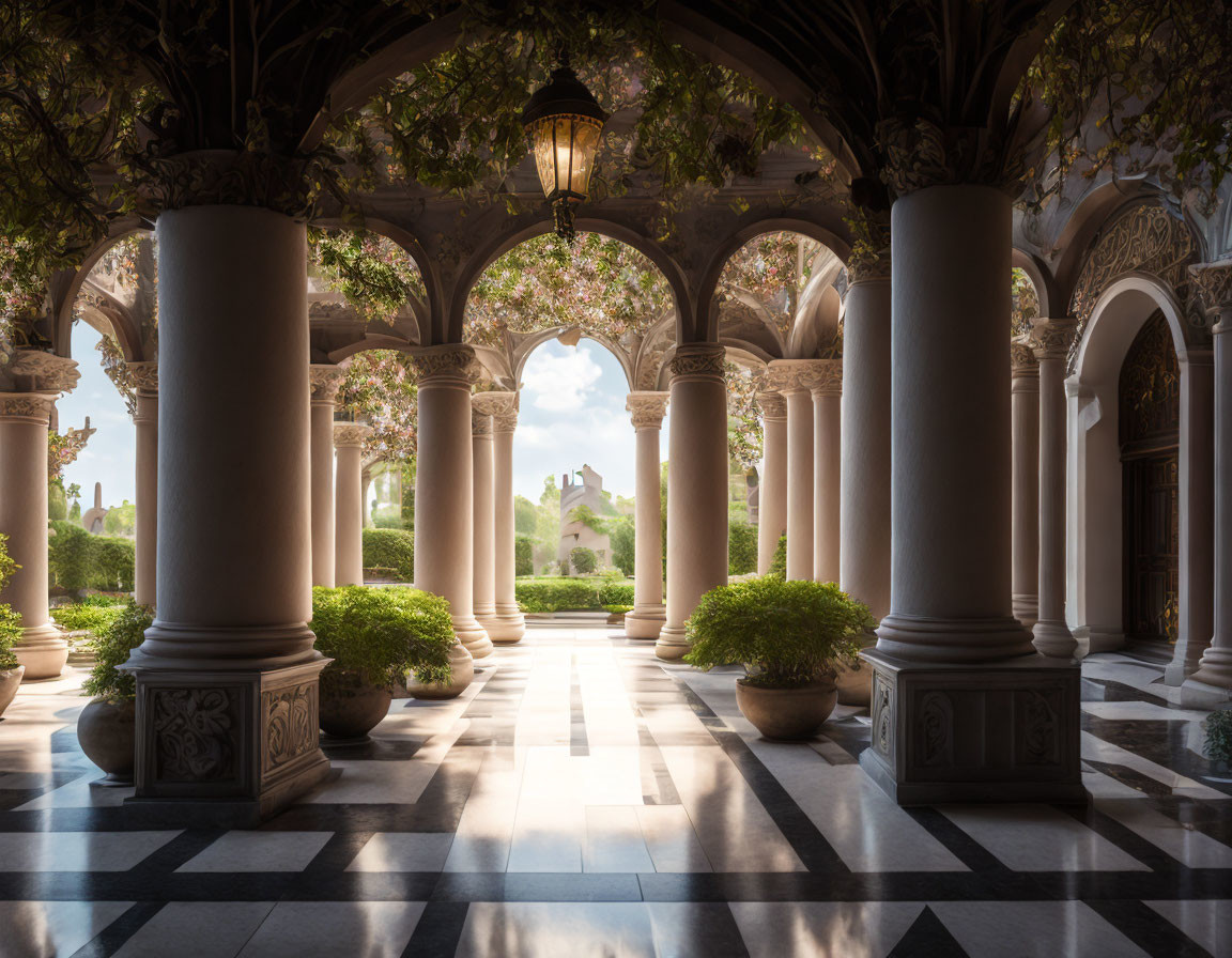 Elegant colonnade with white pillars, arches, lanterns, shrubs, and check