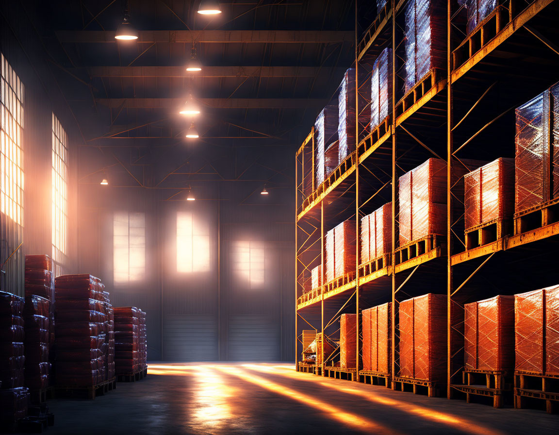 Spacious warehouse with sunlight streaming through high windows