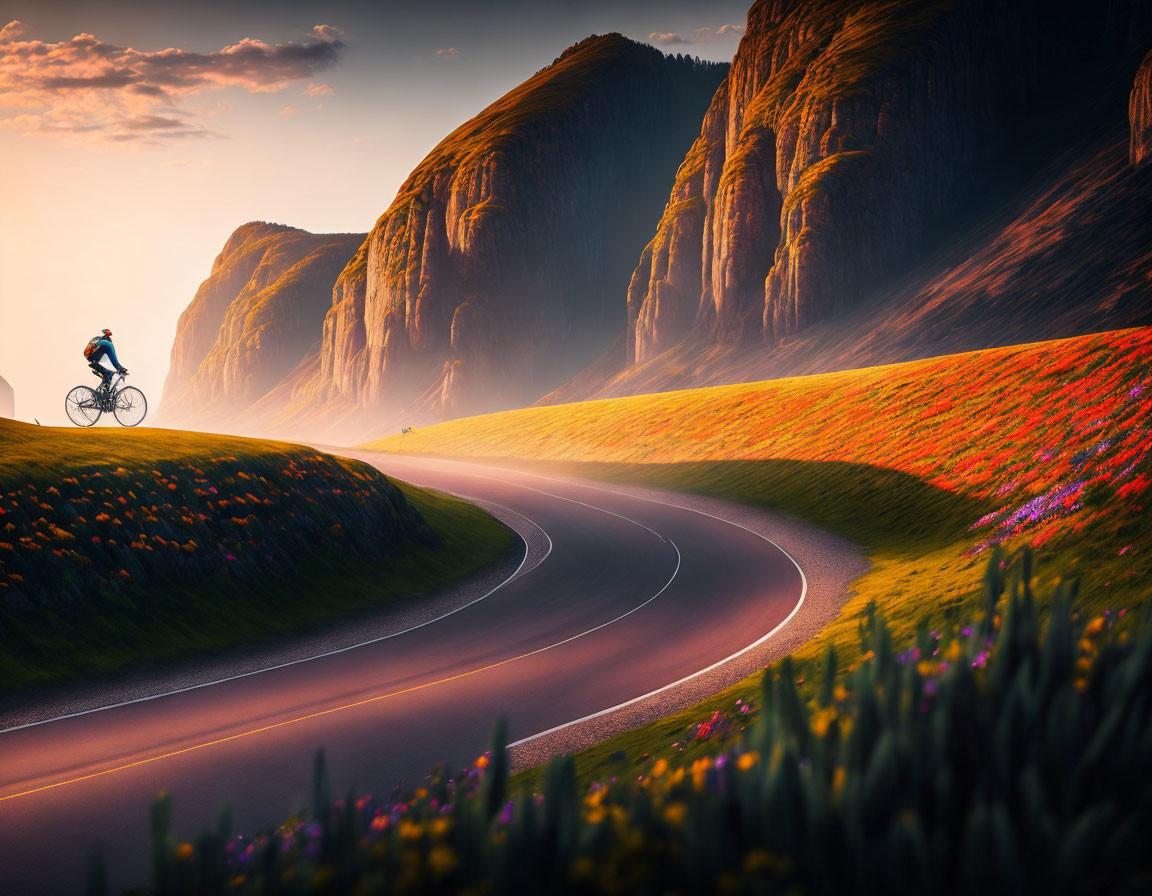 Cyclist on Curvy Road Through Vibrant Landscape