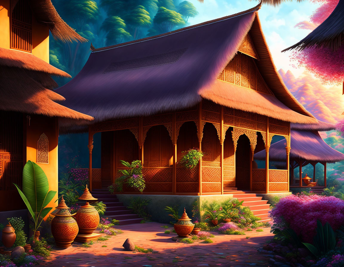 Ornate Traditional Wooden House in Tropical Setting at Sunset